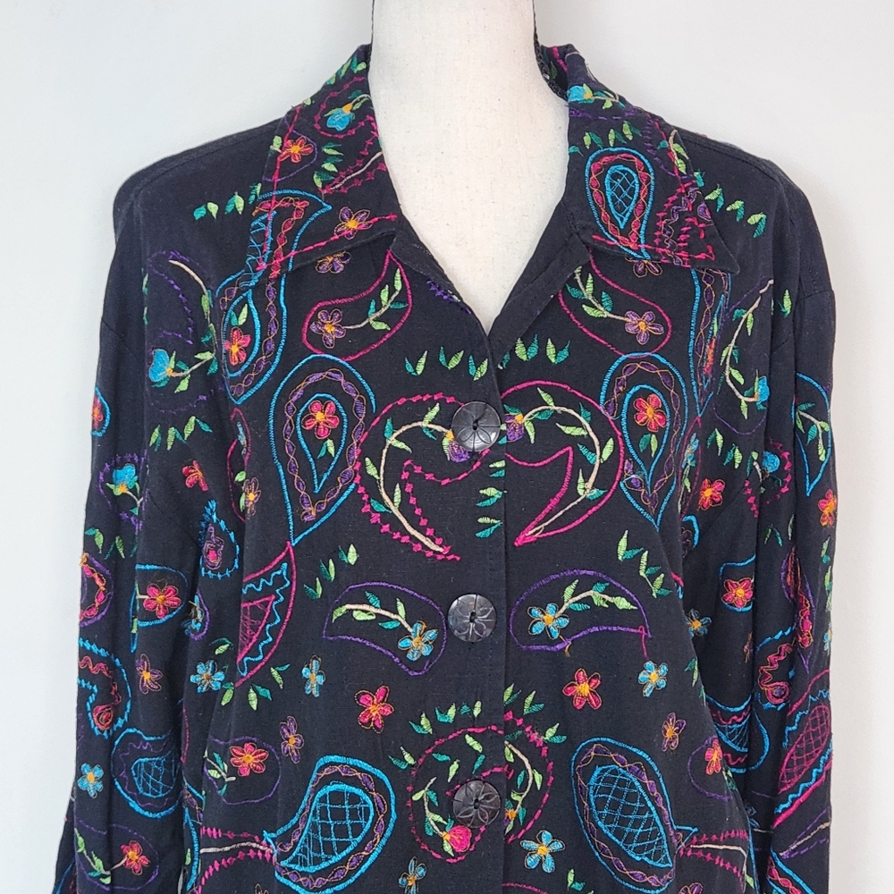 Vintage 80s Embroidered black Units Jacket Linen Cotton Blend Paisley Floral XL - Picture 5 of 16